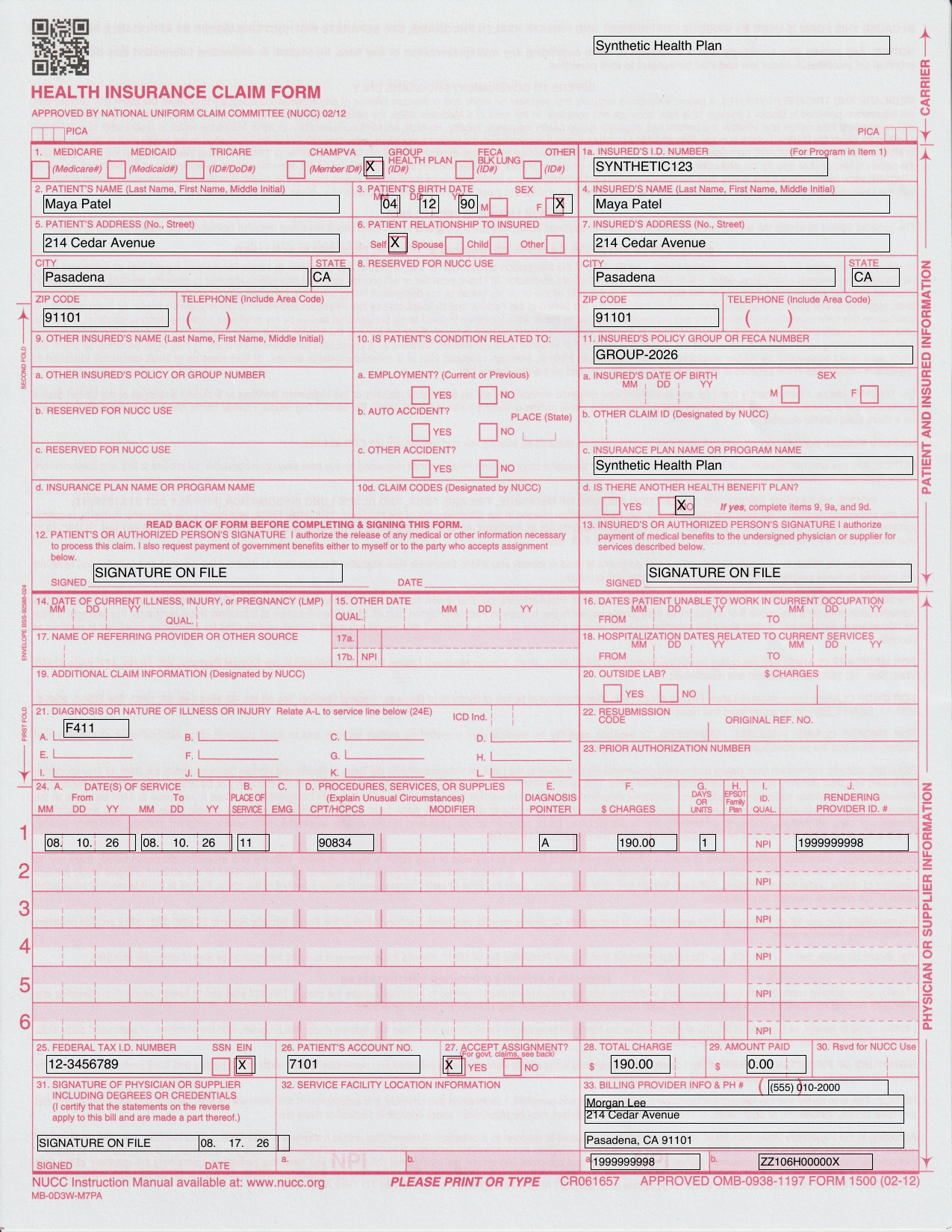 A full CMS-1500 claim PDF generated by PracticeRunner for an individual psychotherapy appointment, showing patient and insured details, diagnosis F41.1, CPT 90834, and the practice claim number.
