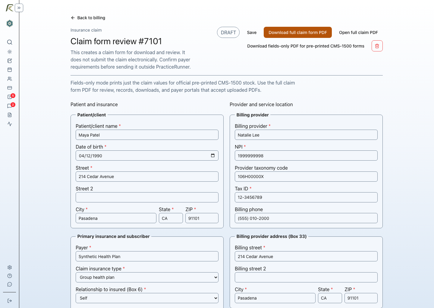 The PracticeRunner claim setup page showing patient, insurance, diagnosis, provider, and service-line information before CMS-1500 export.