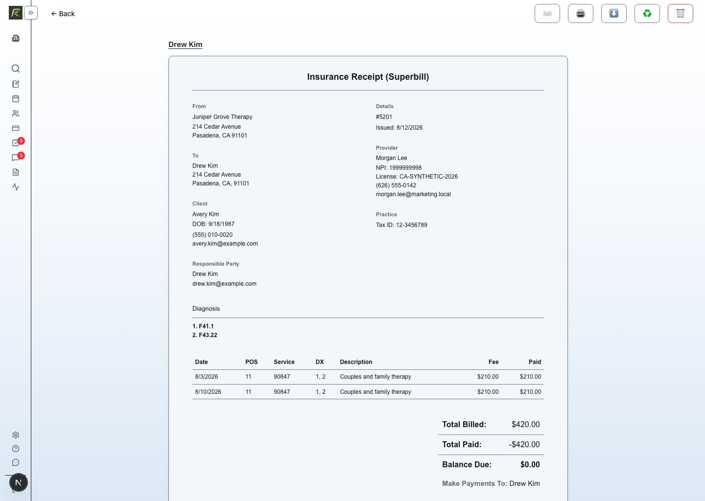 A PracticeRunner superbill preview for a couple, showing the identified patient, a separate billing contact, two diagnoses, CPT 90847 service lines, and recorded payment details.