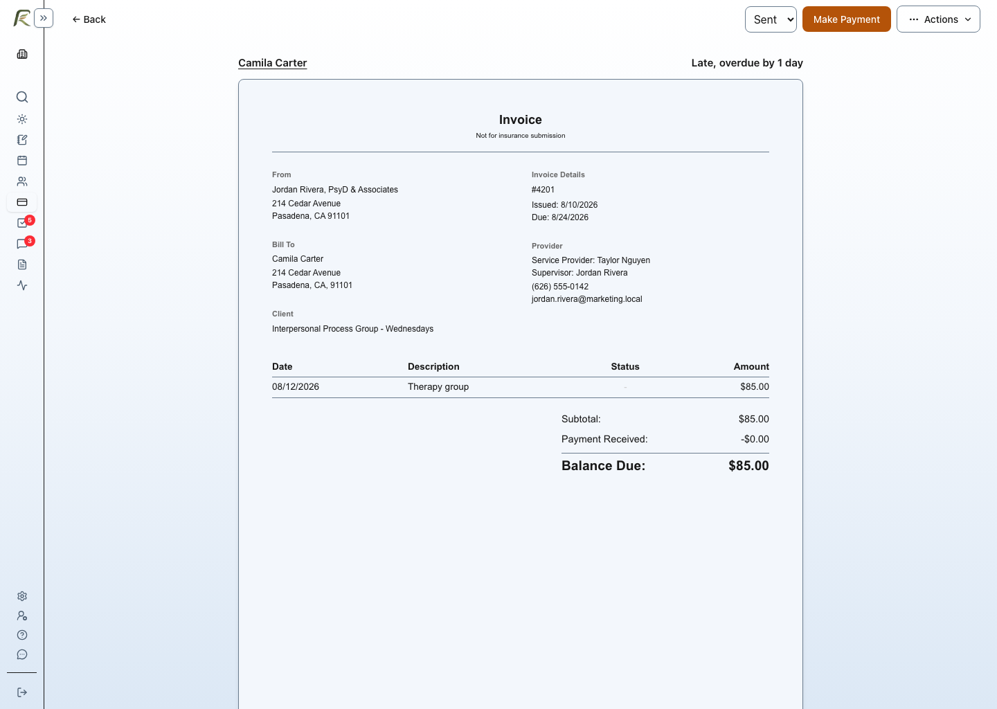 A PracticeRunner participant invoice for Interpersonal Process Group - Wednesdays, showing the participant responsible for payment and the group therapy session fee.