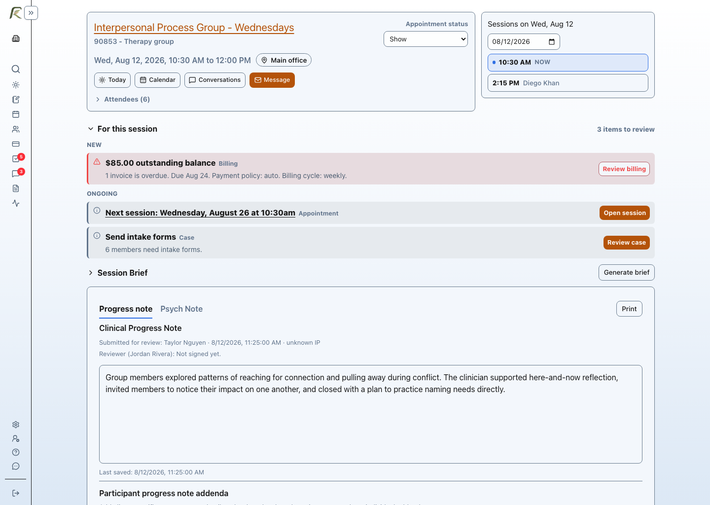 The PracticeRunner Session Workspace for Interpersonal Process Group - Wednesdays, showing CPT 90853, six attendees, a shared progress note, and participant progress-note addenda.