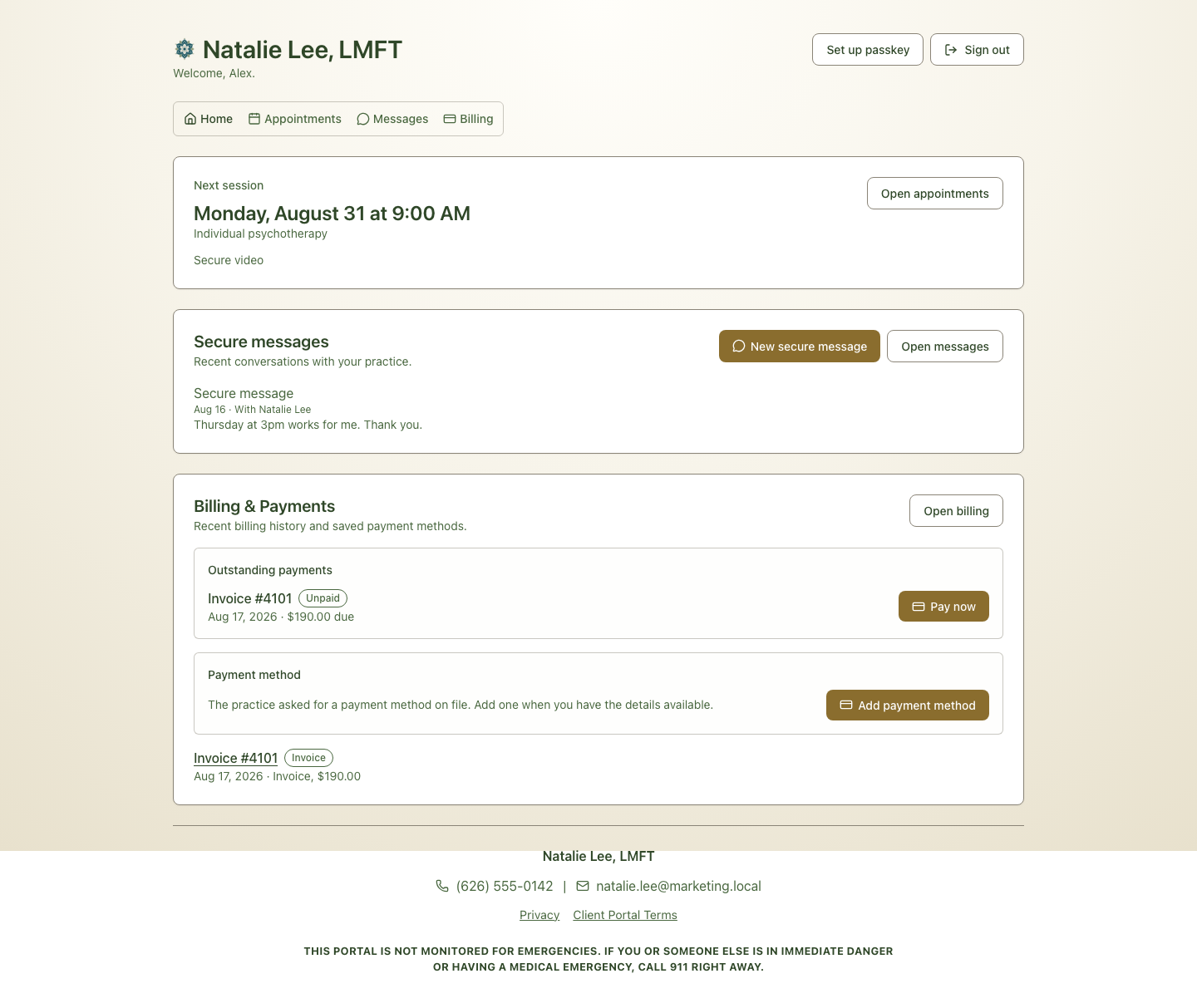 The PracticeRunner client portal home showing an upcoming session, secure messages, an outstanding invoice, and payment-method setup.