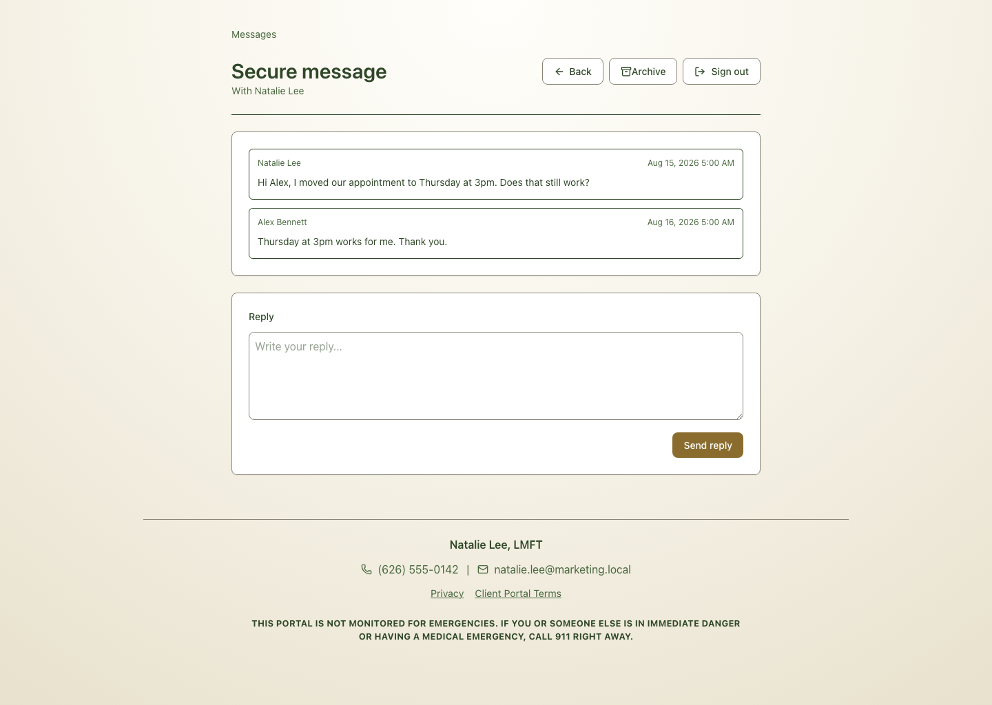 A secure client portal conversation showing messages between a client and clinician and the protected reply area.