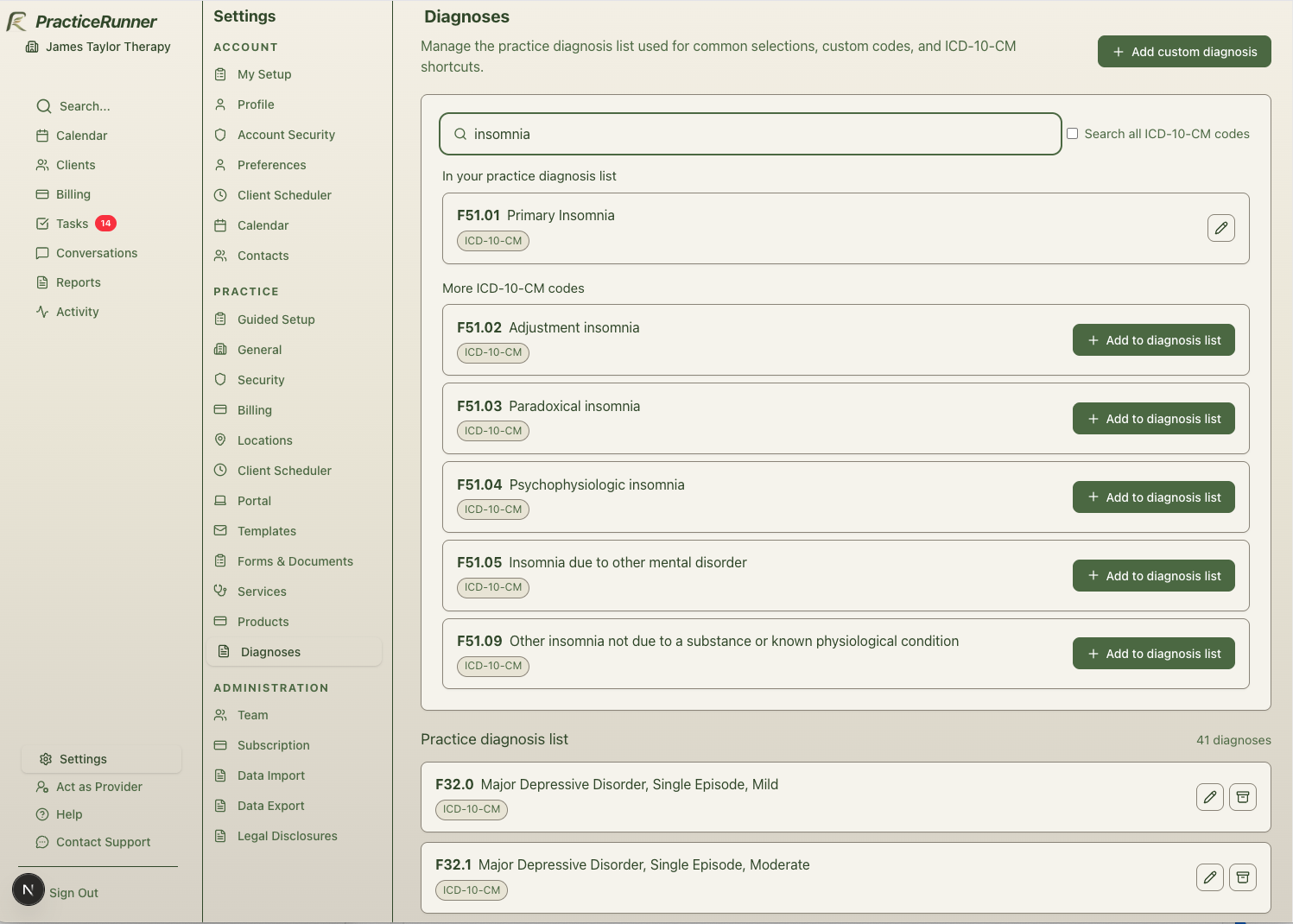 Practice diagnosis list search and ICD-10-CM lookup