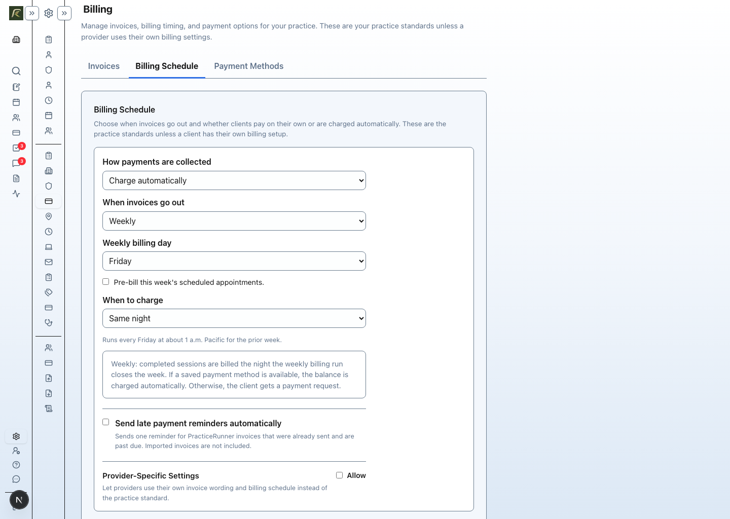The Billing Schedule settings showing automatic collection, weekly invoicing, the billing day, charge timing, reminders, and provider-specific settings.