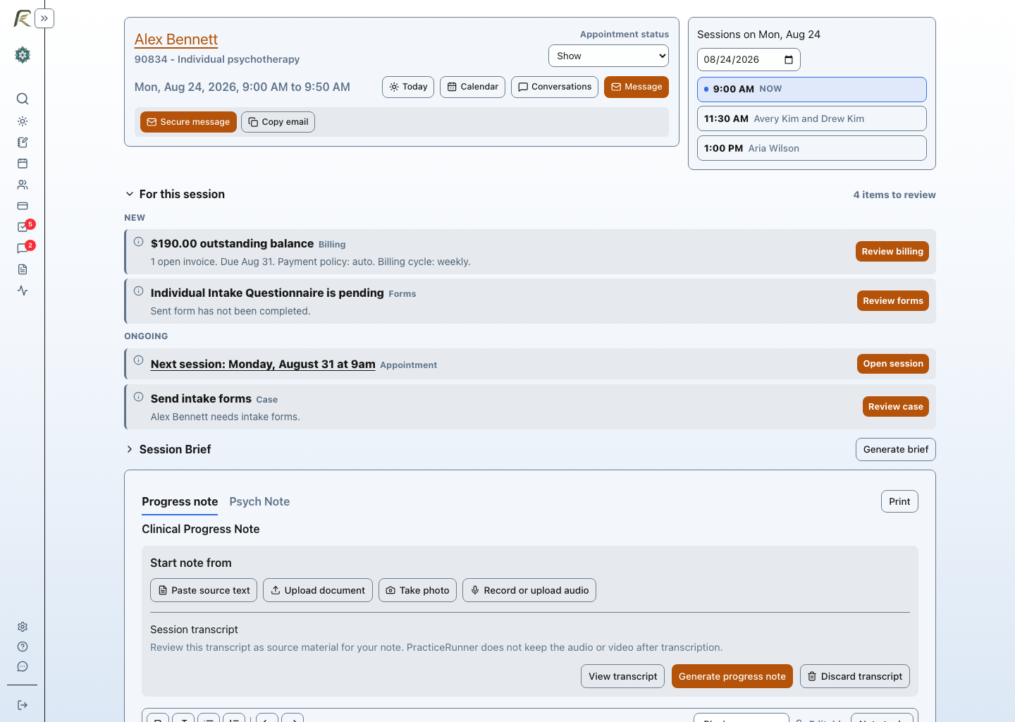 PracticeRunner Session Workspace showing appointment context, same-day session navigation, Session Brief, source material actions, and the appointment note area.