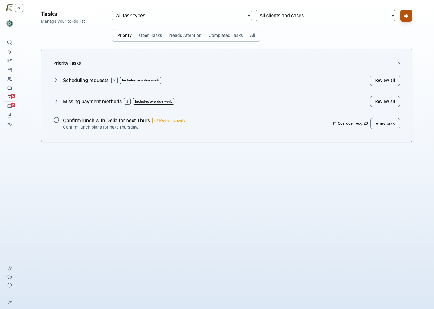 The PracticeRunner Tasks page showing high-priority scheduling and billing follow-up first.