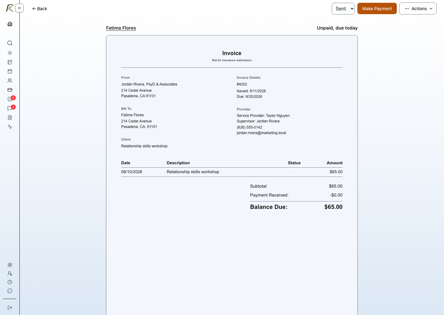 A PracticeRunner participant invoice for a relationship skills workshop, showing the participant responsible for payment and the nonclinical workshop fee.
