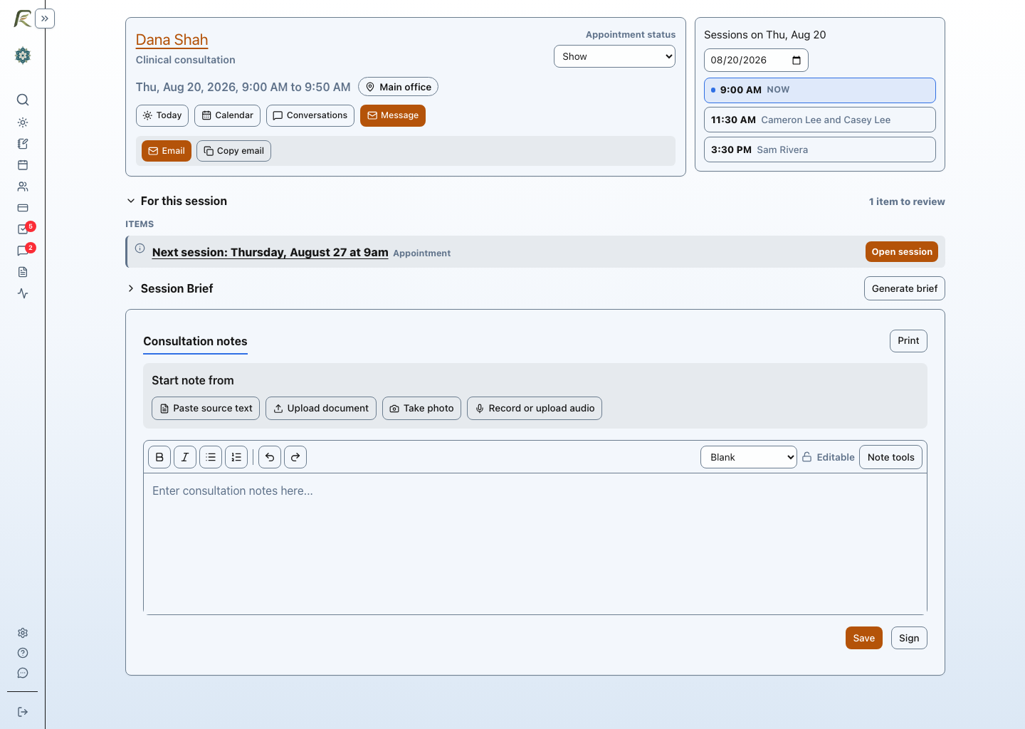 PracticeRunner Session Workspace for an individual clinical consultation, showing consultation context, source material, and a consultation note.