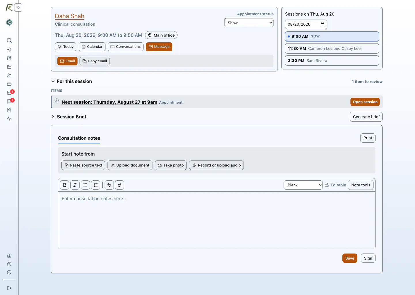 PracticeRunner Session Workspace for an individual clinical consultation with consultation context, source material, and a consultation note.