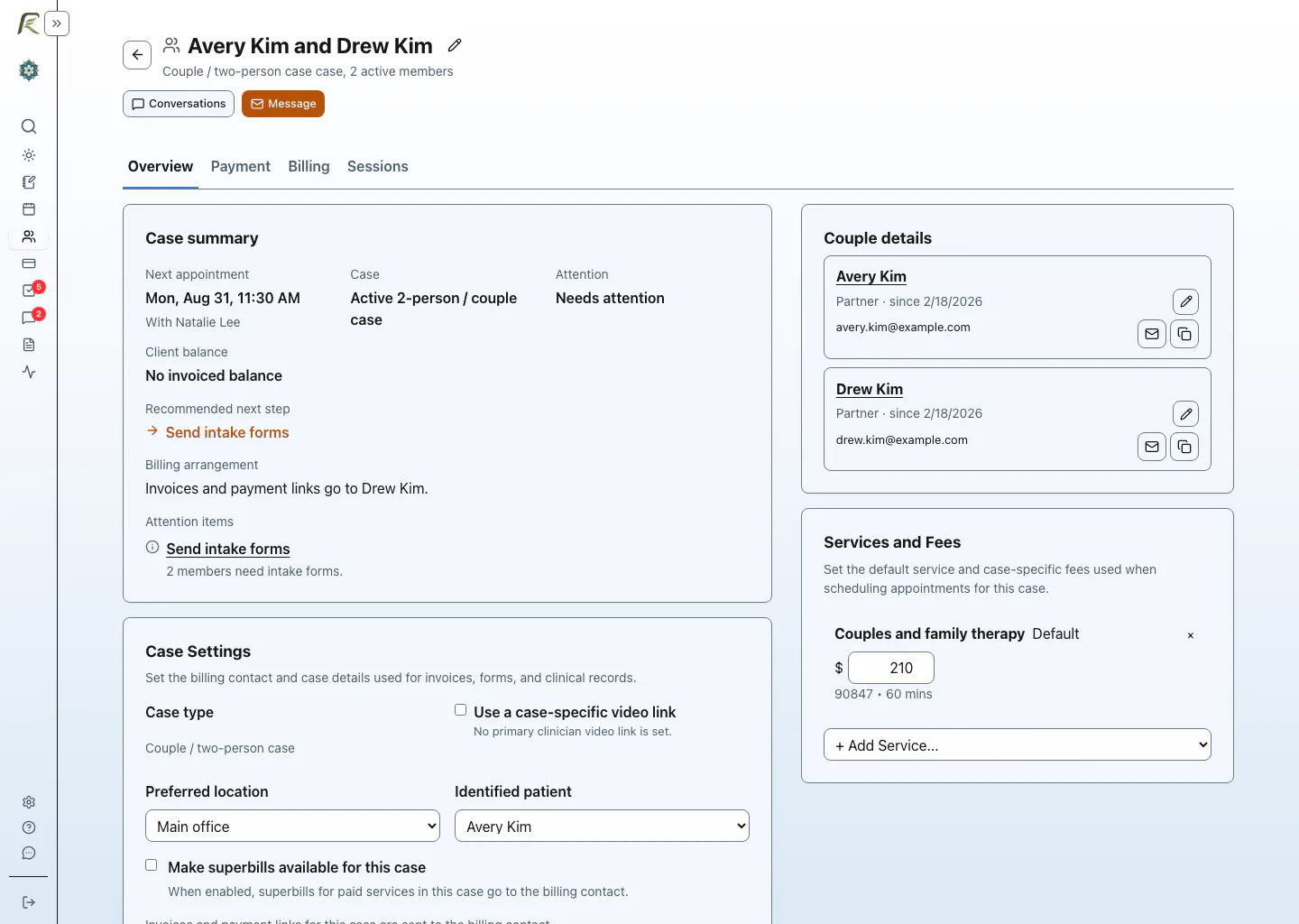 PracticeRunner couple case showing two participants and shared case context.