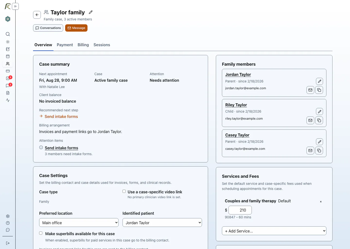 PracticeRunner family case showing several participants, shared case context, and a separate billing contact.