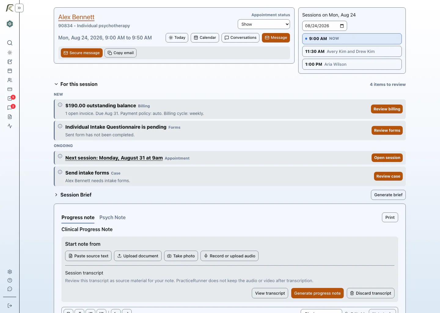 PracticeRunner Session Workspace showing appointment context, same-day navigation, source material actions, and an appointment note area.