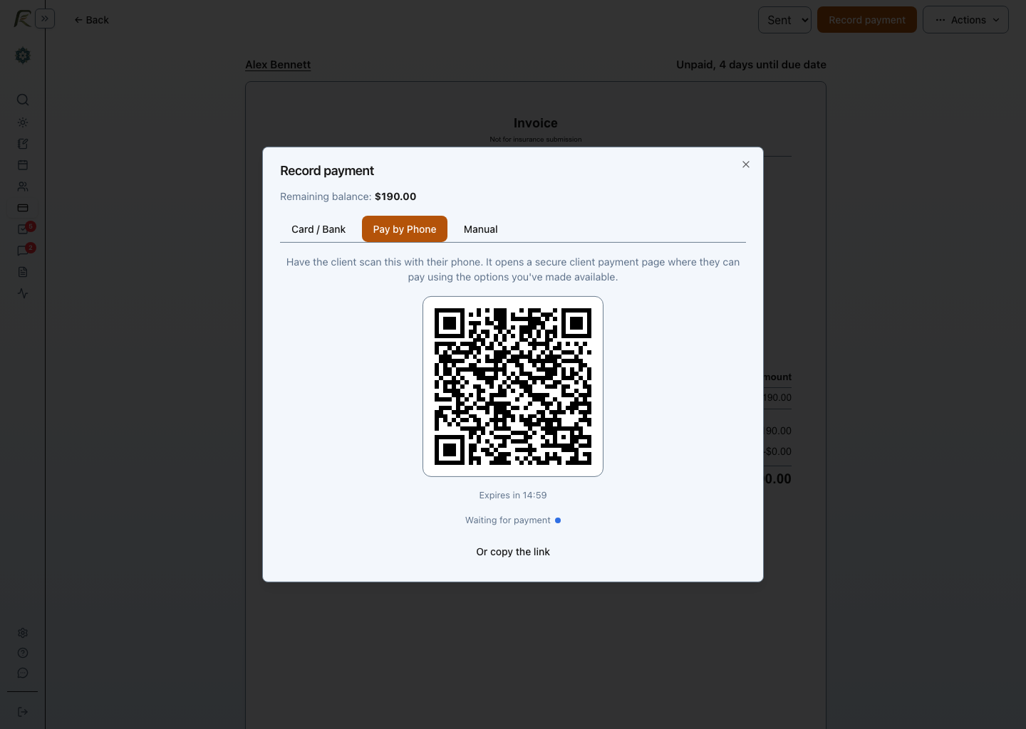 PracticeRunner Record payment dialog with Pay by Phone selected, showing a QR code, expiration countdown, and payment status.