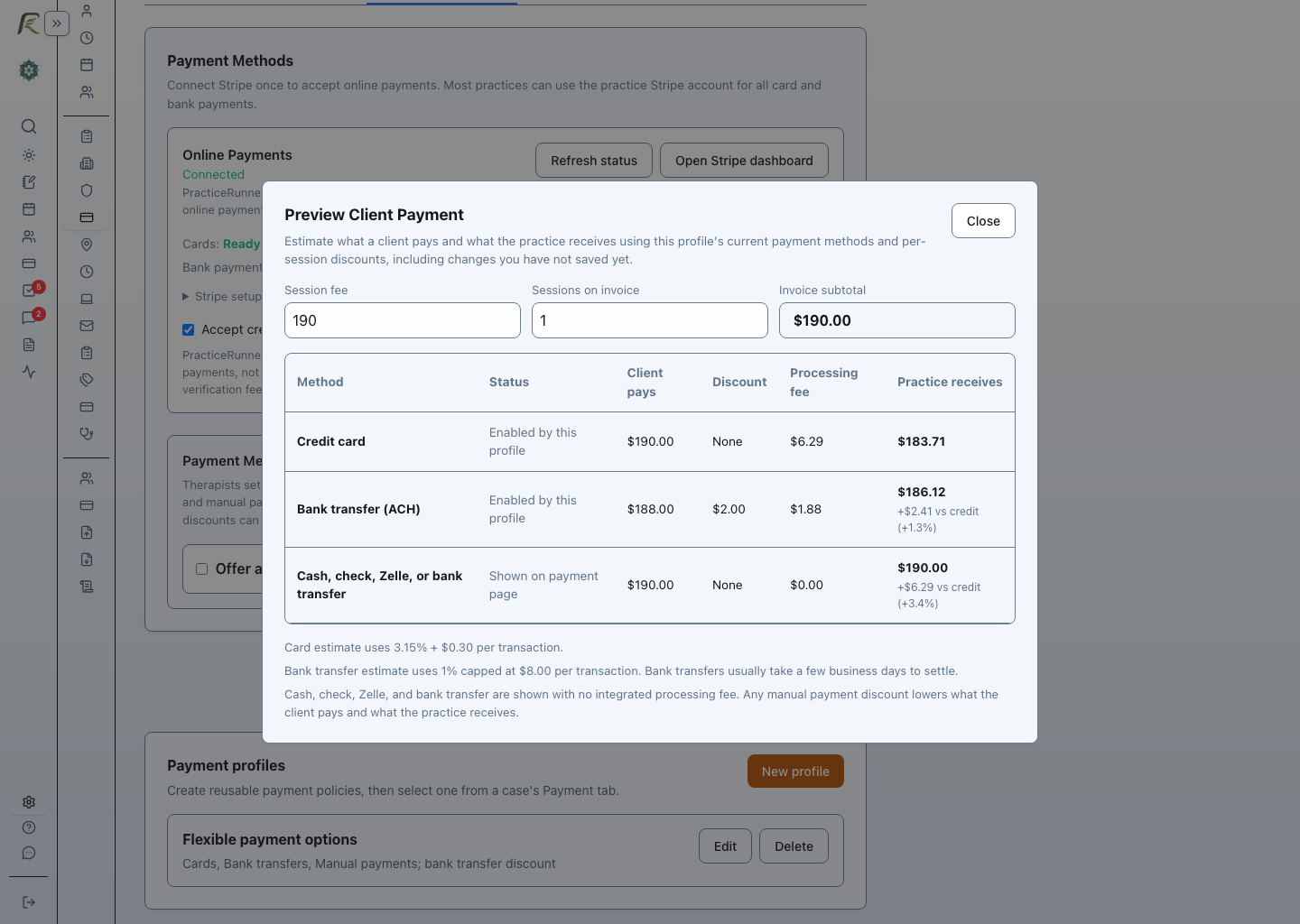 PracticeRunner client-payment preview comparing card, bank-transfer, and recorded manual-payment options and their estimated costs.