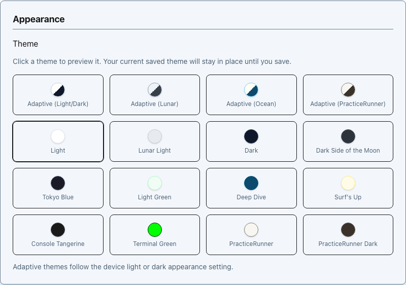The PracticeRunner Appearance picker showing adaptive and fixed color themes.
