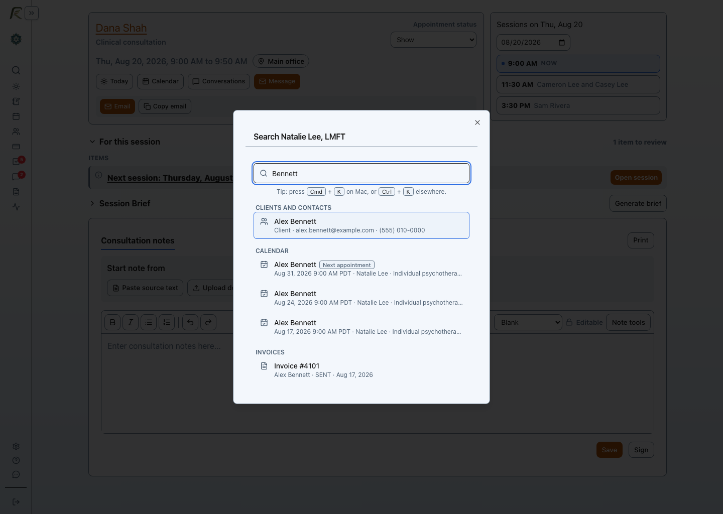 PracticeRunner search results for Alex Bennett, with the client profile first and related appointments below it.