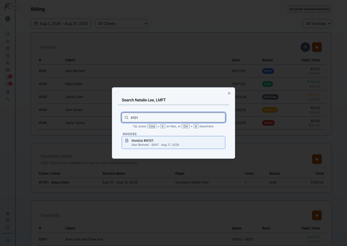 PracticeRunner search results showing Invoice #4101 and its client, status, and date.