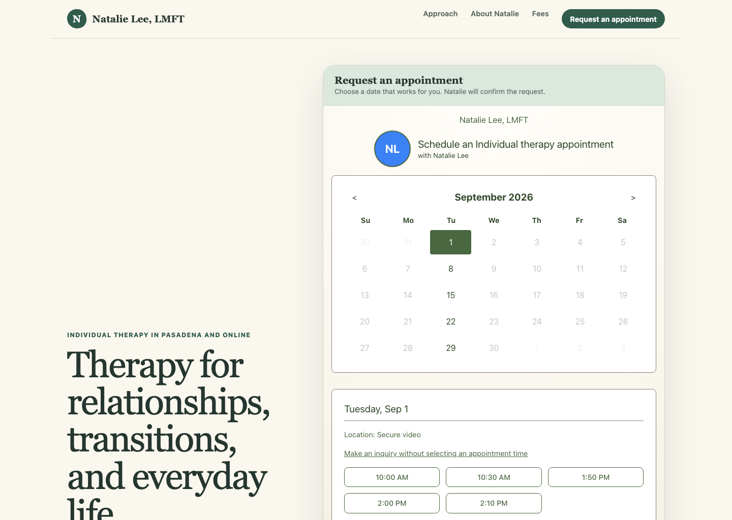 A fictional therapist website showing the PracticeRunner scheduler embedded beside the practice introduction.