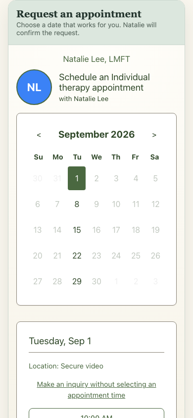The same fictional therapist website's embedded PracticeRunner scheduler at a mobile screen width.