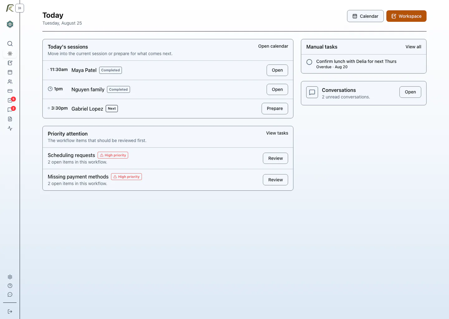 PracticeRunner Today page showing today's sessions followed by priority attention items.