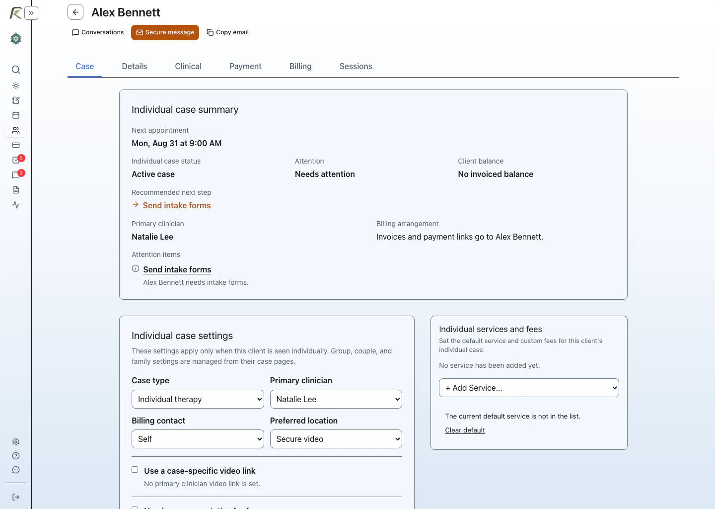 PracticeRunner workflow summary with appointments, intake, billing, and open tasks.