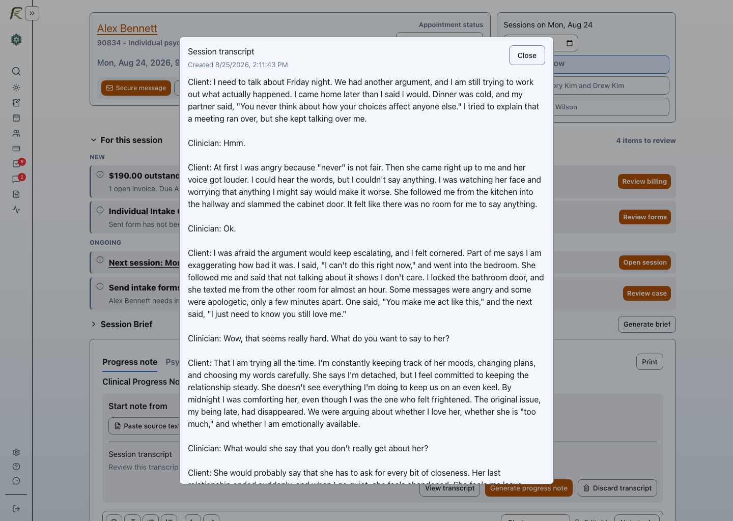 A transcript opened for clinician review in the Session Workspace before it is used as source material for a note draft.