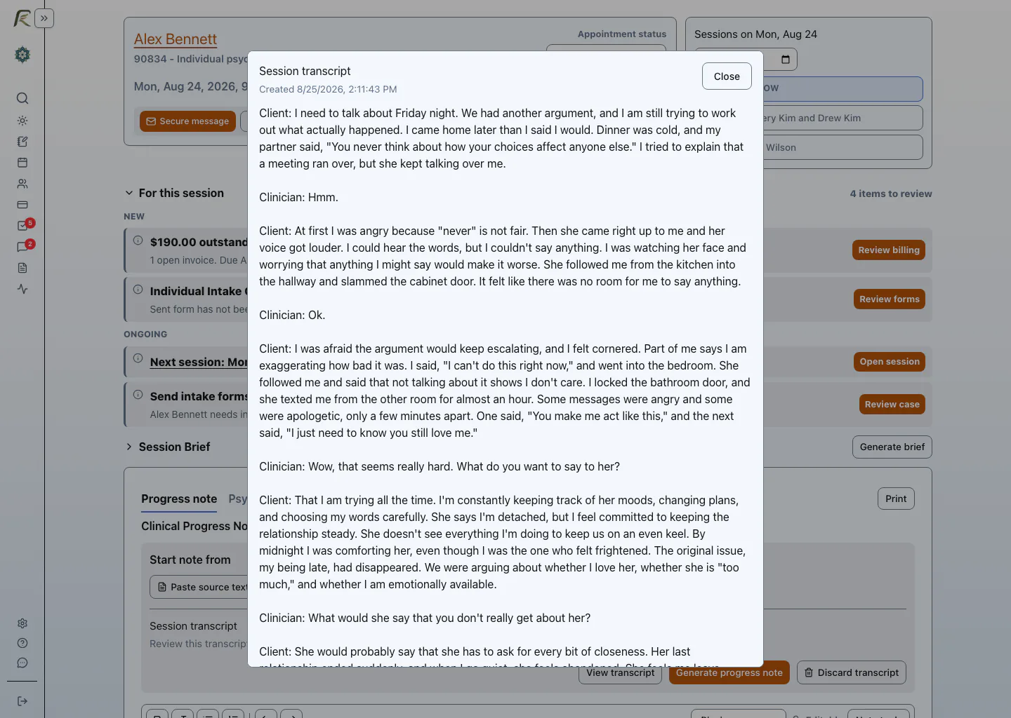 PracticeRunner documentation workflow showing source material and clinician-reviewed note drafting.