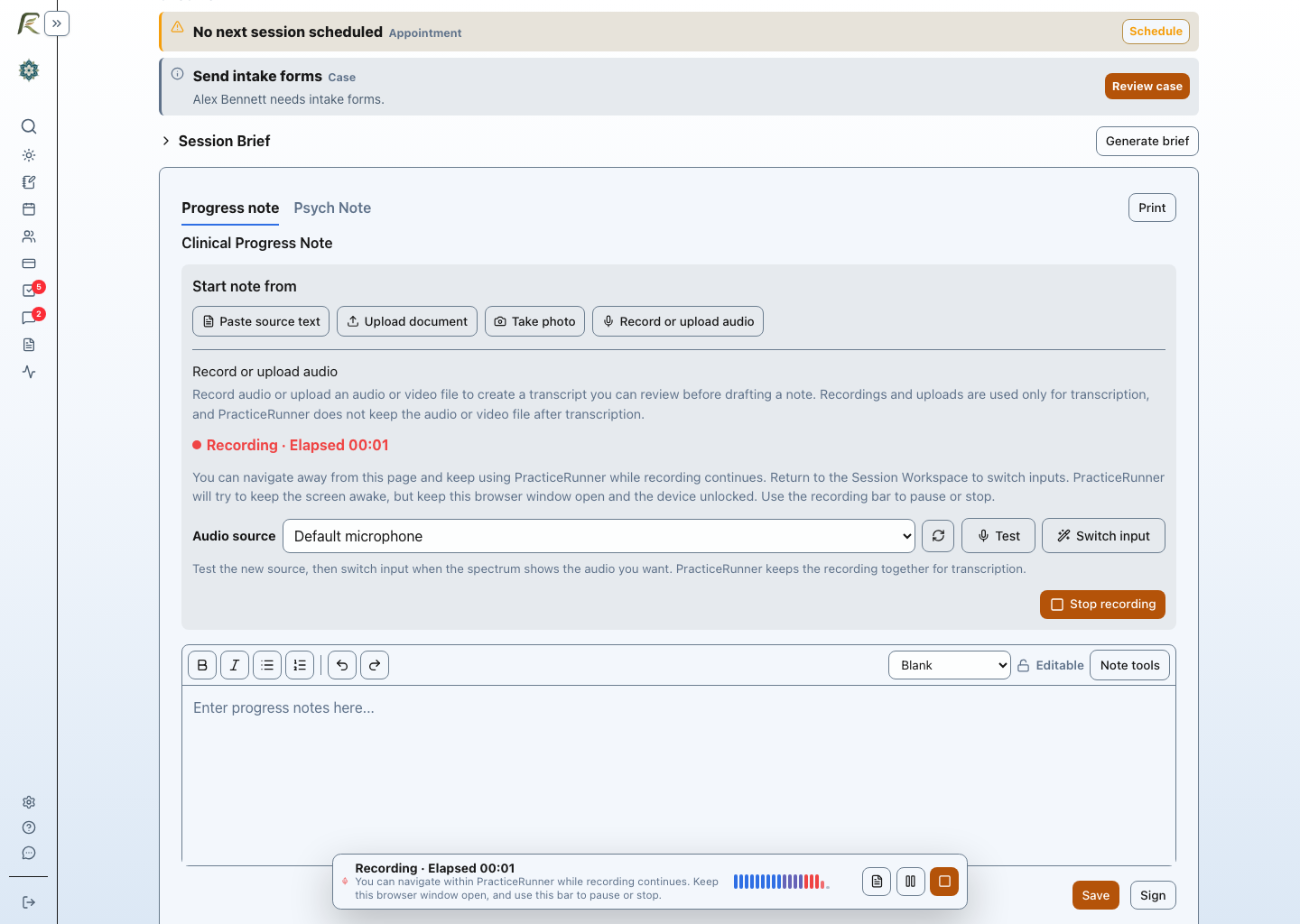 The Session Workspace recording controls showing an active recording, microphone selection, audio activity, and the separate progress-note editor.