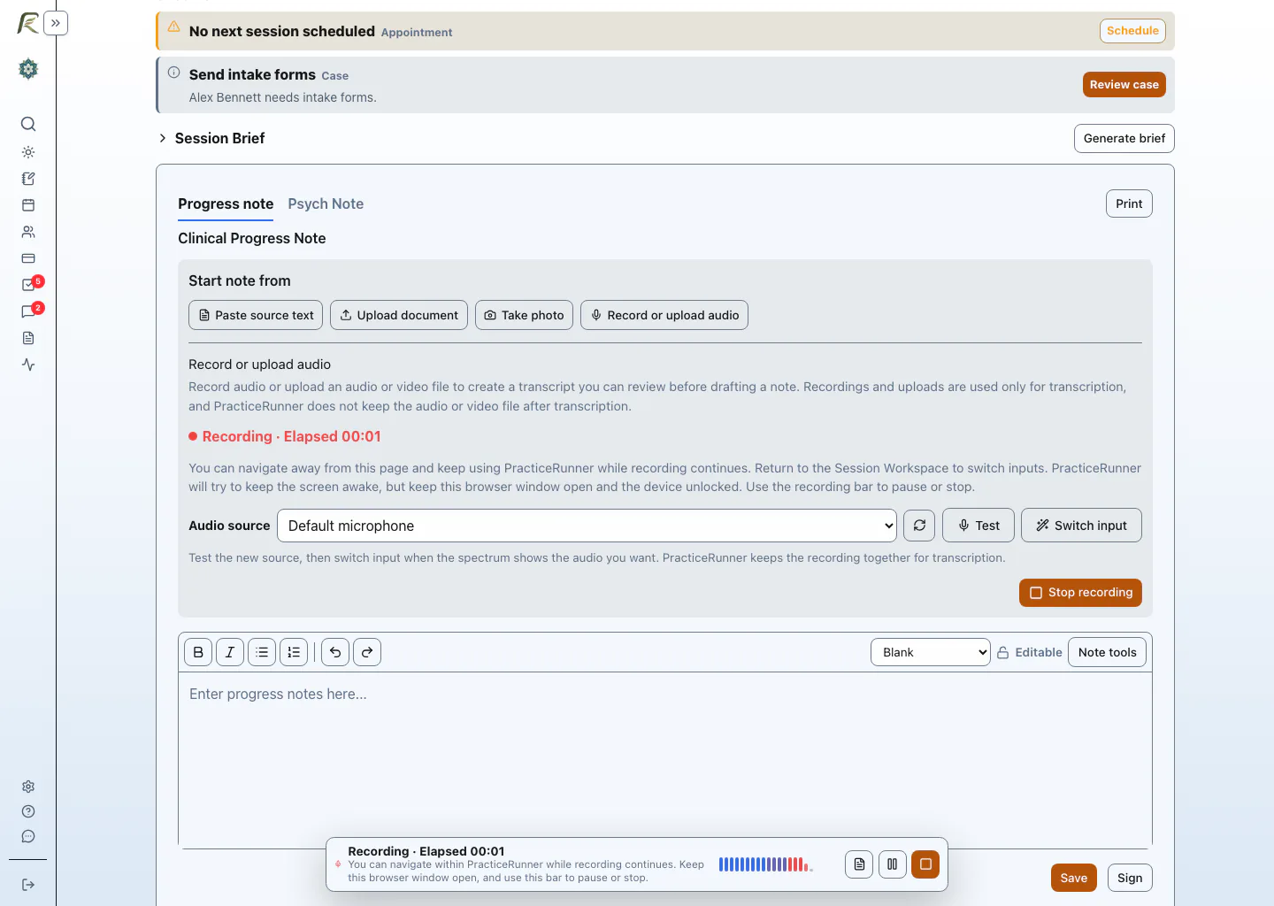 PracticeRunner Session Workspace recording interface with consent confirmation and recording controls.
